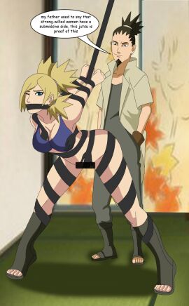 1boy 1girls almost_naked arched_back arms_behind_back arms_tied ass bare_thighs beard bent_over big_breasts black_eyes black_hair blindfold blonde_hair blue_bra bondage boruto:_naruto_next_generations bra breasts busty canon_couple censored cleavage clothed clothing couple dialogue english_text facial_hair female femsub finger_fuck fingers footwear from_behind_position gag gagged gloves goatee green_eyes hands_tied husband_and_wife knee_boots kneehighs large_breasts legs_apart looking_at_partner male maledom married_couple mature mature_female milf nara_shikamaru naruto naruto_(series) no_panties one_eye_closed open_toe_shoes partially_clothed pikname45 ponytail pussy shounen_jump speech_bubble spiky_hair spread_legs spreading standing standing_sex temari text thighs tied_hair tiptoes toes twintails underwear vagina vaginal_penetration
