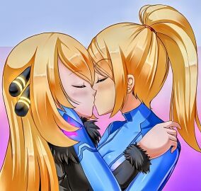 2010s 2015 2girls black_dress blonde_hair blush bodysuit closed_eyes creatures_(company) crossover cynthia_(pokemon) dress female from_side fur_trim game_freak gradient_background hair_ribbon kissing long_hair long_sleeves metroid multiple_females multiple_girls nintendo pink_background pokemon pokemon_dppt ponytail profile razorkun red_ribbon ribbon samus_aran short_hair simple_background upper_body yuri zero_suit zero_suit_samus