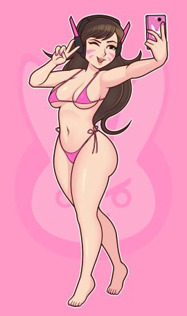 1girls acstlu bikini brown_eyes brown_hair d.va female female_only fully_clothed looking_at_viewer overwatch pink_bikini selfie solo swimsuit