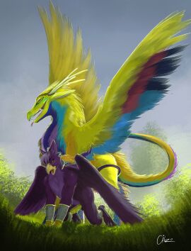 aiko_stable aiko_stable_new anal anal_sex anthro ass avian bodily_fluids cloud cloudy_sky cum cum_drip cum_in_ass cum_inside cum_on_penis day dragon dripping duo ejaculation feral field genital_fluids genitals gryphon hi_res male male/male mythological_avian mythological_creature mythological_scalie mythology penetration penis scalie sky