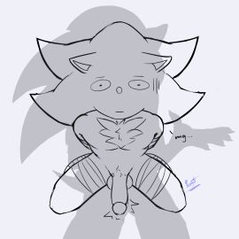 absurd_res anthro aoibeast balls bondage bound digital_media_(artwork) duo erection eulipotyphlan fur genitals greyscale hair hands_behind_back hands_tied hands_tied_behind_back hedgehog hi_res humanoid_genitalia humanoid_penis humor kneeling legs_tied looking_at_viewer male mammal monochrome penis scared scared_expression sega shadow shadow_the_hedgehog simple_background sonic_(series) sonic_the_hedgehog sonic_the_hedgehog_(series) tail