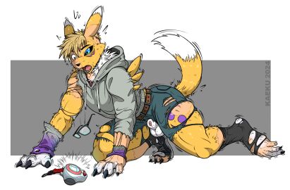 2024 all_fours animal_genitalia anthro arm_tuft artist_logo balls bandai_namco belt black_claws black_nose black_sclera blonde_hair blue_eyes border bottomwear canid canine cheek_tuft claws clothing clothing_transformation destroyed_clothing digimon digimon_(species) digital_drawing_(artwork) digital_media_(artwork) digivice dipstick_ears dipstick_tail ear_markings eyewear facial_tuft feet finger_claws fingers fluffy fluffy_tail footwear fox fur fur_growth genitals glasses gloves gloves_(marking) growth hair hair_to_fur handwear hi_res hoodie human kaeku leg_markings logo male mammal markings mid-transformation motion_lines multicolored_ears muscle_growth muscles muscular muscular_anthro muscular_male neck_tuft open_mouth pants paws penis penis_tip pink_penis plantigrade_to_digitigrade purple_markings renamon sheath shocked shoulder_tuft simple_background snout snout_growth socks socks_(marking) solo tail tail_growth tail_markings tail_motion tailwag teeth thick_thighs tight_clothing toe_claws toes tongue topwear torn_bottomwear torn_clothing torn_footwear torn_hoodie torn_pants torn_shoes torn_socks transformation tuft white_body white_fur white_sclera wide_eyed yellow_body yellow_fur yin_yang