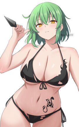 areola_slip artist_name bikini black_bikini breast_tattoo breasts cleavage closed_mouth collarbone covered_erect_nipples female front-tie_bikini_top front-tie_top green_hair hair_between_eyes hand_up highres hikage_(senran_kagura) hip_tattoo holding holding_kunai holding_weapon kunai large_breasts leaning_forward light_blush light_frown looking_at_viewer medium_hair navel orange_eyes senran_kagura side-tie_bikini_bottom simple_background slit_pupils snake_tattoo stomach_tattoo strap_gap surippa1010 swimsuit tattoo thigh_gap torn_bikini torn_clothes twitter_username underboob weapon white_background yellow_eyes