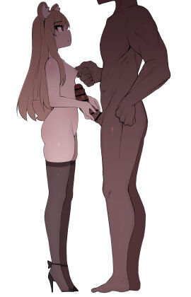 1boy absurdres animal_ears ass bar_censor barefoot black_footwear black_thighhighs breasts brown_hair censored dark-skinned_male dark_skin erection female height_difference high_heels highres interracial large_penis light-skinned_female light_brown_hair light_skin long_hair male mangmoongming nipple_stimulation nipple_tweak nude original penis simple_background size_difference small_breasts smaller_female standing straight thighhighs white_background