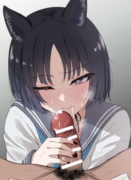 1boy 1girls after_ejaculation after_fellatio allied_hyakkiyako_academy_student animal_ears bar_censor black_eyes black_hair blue_archive blue_neckerchief cat_ears censored closed_mouth cum cum_in_mouth cum_on_penis female gokkun grey_sailor_collar halo handjob highres hyakkaryouran_conflict_resolution_council_(blue_archive) kikyou_(blue_archive) kujou_shima long_sleeves looking_at_viewer male male_pubic_hair neckerchief one_eye_closed penis pubic_hair sailor_collar school_uniform serafuku short_hair small_penis solo_focus straight swallowing swallowing_cum