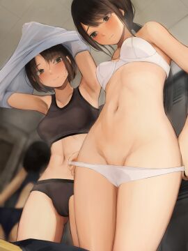 2girls below_view blurry blurry_background bra breasts brown_eyes brown_hair camonome dark_labia depth_of_field female female_only foreshortening from_below non-web_source original pussy raised_eyebrows short_hair smile solo standing underwear underwear_only