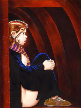 1girls 2d areolae background barry_blair big_breasts black_clothing breasts brown_eyes brown_hair casual_nudity color earrings eyebrows eyes female female_only footwear full_body gryffindor gryffindor_scarf hair harry_potter hermione_granger human human_only knees_up light-skinned_female light_skin lips lipstick long_sleeves neckwear nipples nudity open_eyes open_robe orange_background partially_clothed piercing pink_lipstick robe sad scarf school_uniform schoolgirl shiny_hair shoes side_view sitting sleeves sneakers solo student uniform witch_(harry_potter)