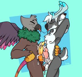 absurd_res animal_genitalia animal_penis anthro antlers avian back_wings balls blep blush blush_lines bodily_fluids brown_body brown_fur canine_genitalia canine_penis chest_tuft cum cumshot deer duo ejaculation erection feathered_wings feathers frottage fur genital_fluids genitals green_body green_feathers grey_body grey_feathers grey_fur gryphon hair hi_res horn humanoid_genitalia humanoid_penis knot looking_pleasured male male/male mammal multicolored_body multicolored_fur mythological_avian mythological_creature mythology nude orgasm penile penis pink_body pink_feathers sex simple_background smile smirk smug smug_face tongue tongue_out tuft two-tone_body two-tone_fur vein veiny_penis white_body white_fur white_hair wings xing1