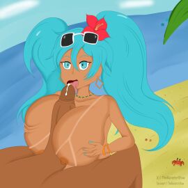 1boy 1girls 2d areolae beach big_penis blue_eyes bracelet brazil brazilian brazilian_female brazilian_male brazilian_miku breasts brown-skinned_male brown_body brown_skin earrings erect_penis erection female female_focus futanari glans hatsune_miku intersex large_breasts latino latino_male licking licking_penis long_hair makeup male nail_polish necklace nipples nude nude_female nude_male outdoors paizuri penis penis_lick precum sex suntan tan tan_body tan_skin tanline tanlines tanned tanned_body tanned_female tanned_futa tanned_skin therainstarshow tongue tongue_out turquoise_hair twintails veiny_penis vocaloid