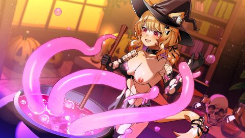 1girls :d animal_ears bangs bare_shoulders black_gloves blonde_hair blush bow breasts cat_ears cat_girl cat_tail catgirl choker collar collarbone eyebrows_visible_through_hair face_markings female franek89 gloves hair_bow hair_ornament hair_ribbon hat holding indoors long_hair looking_at_viewer low_twintails medium_breasts melting_clothes navel nipples nude open_mouth orange_hair red_eyes ribbon short_hair smile solo squchan_(vtuber) tail tentacle tentacles twintails virtual_youtuber vyugen witch_costume witch_hat