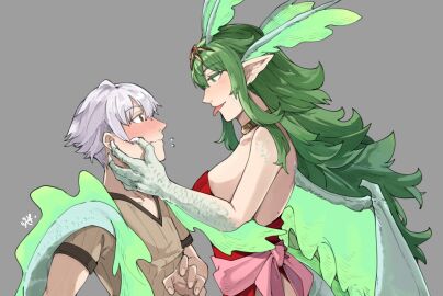 1boy 1girls bare_shoulders blush breasts brown_eyes brown_shirt claws closed_mouth dragon_girl dragon_horns dragon_tail dragon_wings dress eye_contact female fingernails fire_emblem fire_emblem_awakening flying_sweatdrops green_eyes grey_background grey_hair hand_on_another's_face height_difference highres horns long_hair looking_at_another male medium_breasts monster_girl nintendo pointy_ears profile red_dress robin_(fire_emblem) robin_(fire_emblem)_(male) sakuremi scales shirt short_hair short_sleeves simple_background strapless strapless_dress tail tiki_(fire_emblem) tiki_(fire_emblem)_(adult) tongue tongue_out white_hair wings