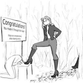 1boy 1girls black_and_white boot_fetish boot_licking boot_worship boots celera_prime corn_maze dominant_female dominatrix english english_text female femdom femdom_caption foot_fetish foot_worship footwear gentle_femdom high_heel_boots high_heels jacket knee_boots kneehighs male monochrome original original_character original_characters shoe_fetish shoes submissive_male