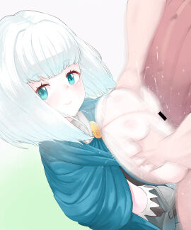 1boy 1girls bar_censor bottomless breast_grab breasts breasts_out censored clothed_sex clothes double_breast_grab female grabbing grabbing_another's_breast gradient_background green_eyes huge_breasts long_hair male male_pubic_hair medium_hair paizuri pt pubic_hair sex sharon_(unicorn_overlord) sitting smile straight unicorn_overlord white_hair