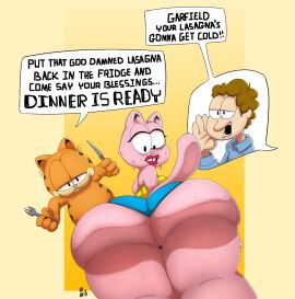 1girls 2boys anthro arlene_(garfield) ass big_ass bodily_fluids bottom_heavy brown_hair clothing cutlery domestic_cat dot_eyes ellipsis english_text exclamation_point felid feline felis female fork furry garfield_(series) garfield_the_cat group hair half-closed_eyes hi_res holding_fork holding_knife holding_object huge_ass human jon_arbuckle kitchen_utensils knife lipstick makeup male mammal narrowed_eyes offscreen_character orange_body orange_fur pink_body pink_fur profanity shirt short_stack sixsidesofmyhead smile speech_bubble sweat tail text thick_thighs tools topwear trio white_body white_skin