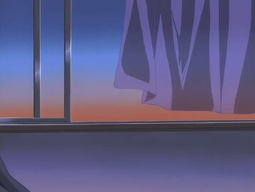 00s 1girls 2001 animated anime_screenshot ass bedroom bible_black bible_black_night_of_the_walpulgiss black_thighhighs brown_hair curtains female green_eyes hair_ornament hugging_own_legs imari_kurumi long_hair minase_taki open_window pillow school_uniform shirt side_ponytail skirt sunset tagme thighhighs wind