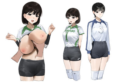 2girls black_buruma black_eyes black_hair breasts brown_hair buruma clothes_lift grabbing_another's_breast groping highres kosubi_(tsuneta328) large_breasts looking_at_viewer multiple_girls open_mouth original shirt shirt_lift shirt_tucked_in short_hair simple_background sportswear volleyball_uniform white_background white_shirt