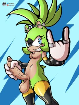 afrosoricid anthro armwear balls blue_eyes breasts clothing devil_horns_(gesture) elbow_gloves fours_(artist) futa_only futanari genitals gesture gloves green_body hand_gesture handwear hi_res idw_publishing intersex legwear mammal masturbation nipple_piercing nipples penis piercing saggy_balls sega sharp_teeth solo sonic_(series) sonic_the_hedgehog_(comics) sonic_the_hedgehog_(idw) sonic_the_hedgehog_(series) surge_the_tenrec teeth tenrec thigh_highs