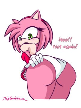 1girls amy_rose anthro ass big_ass english_commentary english_dialogue english_text exposed_panties female female_anthro furry furry_female green_eyes hedgehog hedgehog_girl mobian mobian_(species) newgrounds panties pink_body simple_background solo solo_female sonic_(series) sonic_the_hedgehog_(series) text upskirt white_background white_gloves white_panties