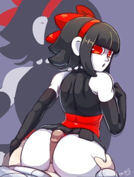 ass assjob back_view black_hair buttjob condom condom_on_penis elbow_gloves facungo_dont female male miniskirt penis scythe_(dizzyspells) short_hair taken_from_behind white_skin