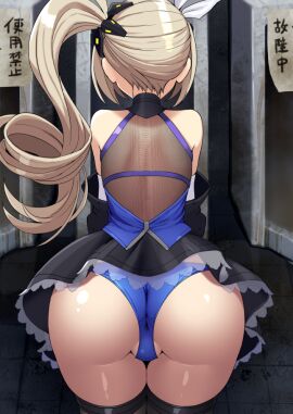 1girls ass ass_focus back bare_shoulders black_thighhighs blonde_hair blue_dress blue_panties dress female from_behind girls'_frontline girls'_frontline_2:_exilium hair_ornament looking_at_viewer lowres ninopal panties sharkry_(girls'_frontline_2) side_ponytail thighhighs thighs turtleneck underwear upskirt