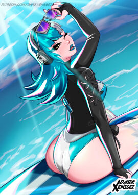 1girls absurdres ass bikini blue_hair booty breasts darkxenssei female headset highres huge_ass long_sleeves luna_snow luna_snow_(cool_summer) luna_snow_(marvel_rivals) marvel marvel_comics marvel_rivals one_eye_closed original sunglasses swimsuit thighs