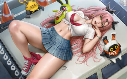 artist_name bare_legs black_ribbon blue_skirt bra breasts cg cleavage converse crop_top earrings female green_eyes hair_ornament hair_ribbon hairclip hand_up heart_earrings holding jewelry large_breasts lips long_hair looking_at_viewer lying midriff miniskirt mole mole_on_breast mole_on_thigh nail_polish navel necklace nicole_demara on_back open_mouth panties panties_around_one_leg parted_lips patreon_username pink_hair pink_lips plaid plaid_skirt pleated_skirt red_bra red_panties sciamano240 shirt shoes short_sleeves skirt sneakers solo stomach stuffed_animal stuffed_toy thighs traffic_cone two_side_up underwear very_long_hair white_shirt zenless_zone_zero