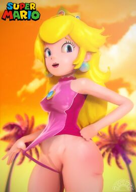 blonde_hair blue_eyes crown female hands_on_hips hips leotard leotard_aside leotard_pull looking_at_viewer mario_(series) nintendo pink_lipstick princess_peach pulling_panties pussy sunriser super_mario_bros. super_smash_bros. thighs vagina yellow_hair