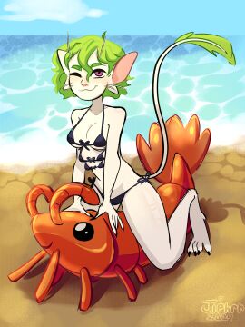 1girls 2d alien_girl anthro ariral beach bikini black_bikini breasts cat_ears cat_tail cute female female_only green_hair jelipherr_(artist) multi_breast original_character purple_eyes sand sea shrimp smile solo solo_female swim_ring voices_of_the_void watermark whiskers white_body white_fur wink