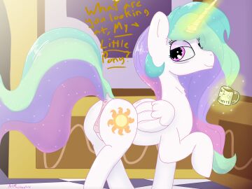 absurd_res alicorn anus artmarshmallow ass beverage coffee english_text equid equine eye_bags female feral friendship_is_magic genitals hair hasbro hi_res horn horse mammal marshmallowfluff multicolored_hair my_little_pony mythological_creature mythological_equine mythology pink_eyes pony princess_celestia_(mlp) pussy smile solo text wings
