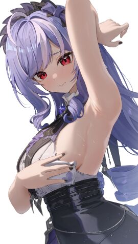 absurdres arm_up armpit_focus armpits ascot black_bow black_bowtie black_nails blush bow bowtie breasts center_frills closed_mouth commentary_request cowboy_shot embarrassed female frills hairbow handkerchief highres holding holding_handkerchief large_breasts long_hair looking_at_viewer multicolored_hair nail_polish no_jacket presenting_armpit purple_ascot purple_bow purple_bowtie purple_hair re_ga red_eyes sideboob simple_background solo streaked_hair sweat vivian_banshee white_background wiping_sweat zenless_zone_zero