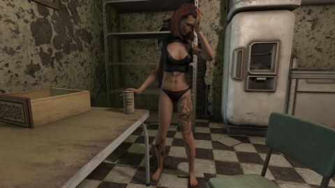 1girls 3d black_panties fallout_4 female female_only full_body leg_tattoo panties solo stanoth tattoo