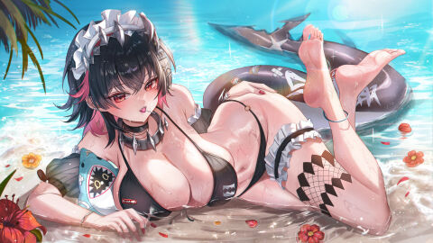 absurd_res accessory animal_humanoid beach big_breasts bikini black_bikini black_choker black_clothing black_hair black_jewelry black_necklace black_swimwear breasts choker clothing collar colored_nails digital_drawing_(artwork) digital_media_(artwork) ellen_joe feet female fish fish_humanoid fish_tail flower hair hair_accessory hairclip hand_on_hip hi_res humanoid huru_sensei jewelry leg_ring lollipop_in_mouth looking_at_viewer lying_on_ground maid_headdress marine marine_humanoid mihoyo nails necklace on_ground outside partially_submerged plant plushie red_eyes red_flower red_nails sand sea shark_humanoid shark_tail sharkboo sharp_teeth short_hair soles solo spiked_collar spikes starlip swimwear teeth thiren two-piece_swimsuit water wet wet_body zenless_zone_zero