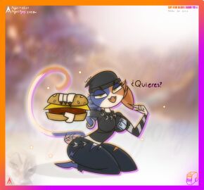 2d 2d_(artwork) agonywelds angelsagony anthro ass beanie blurry_background burger cat_ears cat_girl catgirl feline female fortnite furry glowing looking_at_viewer meme meow_skulls_(fortnite) pointing text thick_ass thick_thighs thighs wide_hips