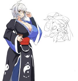 2girls ahoge bamboowacker big_breasts breasts cleavage clothed_female female funny_face genderswap genderswap_(mtf) glasses grey_hair hat kimono light-skinned_female light_skin marisa_kirisame mature_female rinnosuke_morichika rule_63 silver_hair touhou white_background yellow_eyes