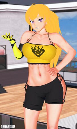 1girls 3d alternate_hairstyle armpit_peek arrancon big_breasts blonde_hair breasts busty cleavage confident female female_only grin half-closed_eyes hand_on_hip hi_res large_breasts legs long_hair midriff navel ponytail pose posing purple_eyes rwby seductive seductive_look seductive_smile sensual sexy sexy_pose shorts tank_top thighs toned voluptuous yang_xiao_long