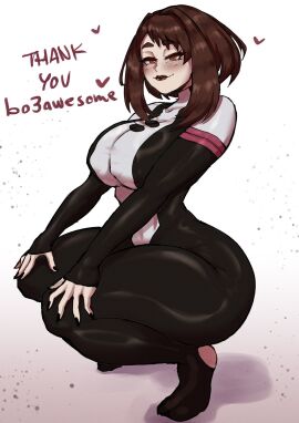 1girls ass big_ass big_breasts bodysuit boku_no_hero_academia breasts brown_hair deadcloud female hero_outfit_(mha) heroine huge_ass jpeg large_ass latex looking_at_viewer looking_back my_hero_academia ochako_uraraka ochako_uraraka_(hero_outfit) peace_sign plain_background pose posing_for_the_viewer short_hair simple_background speech_bubble voluptuous voluptuous_female