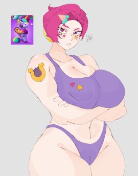 1girls 2d 2d_(artwork) berry_(brawl_stars) big_breasts blush brawl_stars breasts female female_only fuchsia_eyes fuchsia_hair genderswap genderswap_(mtf) izutsumihr light-skinned_female light_skin noboko_k partially_clothed pink_eyes pink_hair purple_bra purple_clothing purple_panties pussy rule_63 supercell tagme tattoo tattoos yokoifubuke