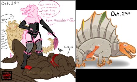 alligator alligatorid anthro belly_slapping blindfold boots bound breath clothing crocodilian dimetrodon dominant dominant_female dragon duo female feral flared_penis flexing_penis flogger footwear genitals high_heels husband latex leather male male/female mythological_creature mythological_scalie mythology open_mouth panting pelycosaur penis prehistoric_species reptile scalie sex_education shoes short_stack size_difference small_dom_big_sub solo speech_bubble sphenacodontid stubborn synapsid wife wings yamatopawa