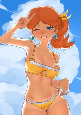 absurdres bikini blue_sky brown_hair cloud earrings female flower_earrings highres jewelry long_hair looking_at_viewer mario_(series) midriff nintendo one_eye_closed orange_bikini piisochan princess_daisy side_ponytail sky smile swimsuit v