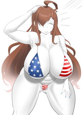 1girls american_flag_bikini breasts brown_hair closed_eyes embarrassed facing_viewer female female_only huge_breasts konmori_(kinbou_sokai) kono_subarashii_sekai_ni_shukufuku_wo! massive_breasts solo thick_thighs wiz_(konosuba)