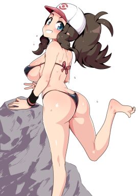 1girls alternate_breast_size ass barefoot big_ass big_butt big_toes_rise bikini blue_eyes blush breasts brown_hair feet female hat hilda_(pokemon) large_breasts light-skinned_female light_skin long_hair looking_at_viewer nintendo pokemon pokemon_bw smile soles sweat toes tottotonero