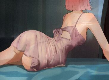 ass bare_shoulders bed_sheet blunt_ends breasts derivative_work facing_away female from_behind hanarteoficial highres leaning_forward lingerie medium_breasts naruto_(series) on_bed pink_hair purple_negligee sakura_haruno short_hair solo twitter_username underwear