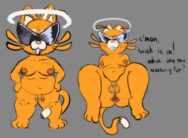 anthro anus ass balls dialogue domestic_cat eyewear feet felid feline felis foreskin genitals halo khristos male mammal mikey_(neon_white) nipple_piercing nipples nude penis piercing presenting smile smiling_at_viewer solo sunglasses tail talking_to_viewer uncircumcised