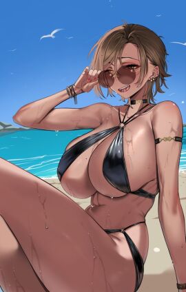1girls adjusting_eyewear beach big_breasts bikini black_bikini breasts busty curvy curvy_female curvy_figure dark-skinned_female dark_skin female female_only huge_breasts jewelry large_breasts limbus_company looking_over_eyewear looking_over_sunglasses mature_female outis_(limbus_company) outis_(project_moon) project_moon rhlatm solo solo_female solo_focus sunglasses sweat sweaty_body tinted_eyewear tomboy voluptuous voluptuous_female wholesome wide_hips