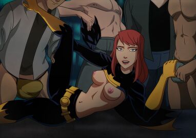 1girls 2d accurate_art_style barbara_gordon batgirl batgirl_(barbara_gordon) batgirl_(the_killing_joke) batman:_the_killing_joke batman_(series) breasts breasts_out bulge color dc dc_comics elmrtev female female_focus full_color high_heel_boots high_heels imminent_gangbang imminent_sex jockstrap leg_lift lifted_top looking_at_viewer medium_breasts multiple_males nipples no_bra redhead shirtless_male straight superheroine unmasked unseen_male_face