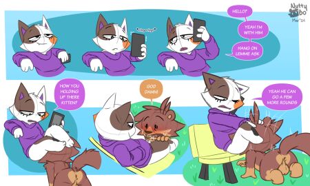 animal_crossing anthro anus ass balls bench blush bo_(nutty_bo) bodily_fluids brown_body clothed clothing comic cunnilingus domestic_cat electronics felid feline felis female fur genital_fluids genitals hair hi_res holding_object male mammal nintendo nude nutty_bo on_bench open_mouth oral outside phone purrl_(animal_crossing) pussy rodent sciurid sex sitting squirrel tail text tree_squirrel vaginal_penetration