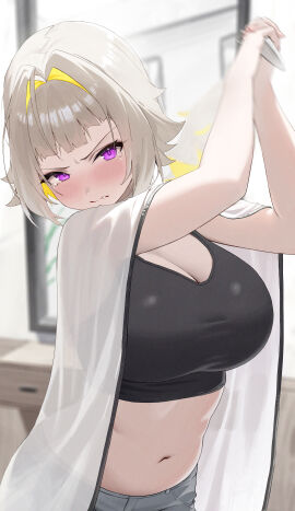1girls ahoge alternate_hairstyle arms_up barber_cape big_breasts black_sports_bra blonde_hair blurry blurry_background blush breasts cleavage closed_mouth colored_inner_hair commentary crying crying_with_eyes_open elegg_(nikke) fang_out female goddess_of_victory:_nikke grey_pants hair_intakes highres holding holding_scissors incoming_attack indoors large_breasts looking_at_viewer midriff mirror motion_blur multicolored_hair navel nikku_nana nose_blush oerba_yun_fang pants purple_eyes reflection scissors see-through_clothes solo sports_bra symbol-only_commentary tears two-handed two-tone_hair upper_body v-shaped_eyebrows