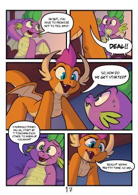 absurd_res anthro blue_eyes comic digital_media_(artwork) dragon duo elicitie female friendship_is_magic hasbro hi_res male male/female my_little_pony mythological_creature mythological_scalie mythology orange_body reptile scalie smolder_(mlp) spike_(mlp) tail text wings
