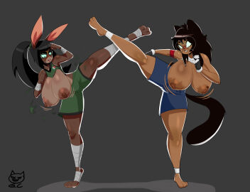 anthro big_breasts bottomwear breasts candy_the_mongoose clothing dominican_flag eyewear female female/female glasses gomezcat hi_res huge_breasts karate kick lagomorph latina leporid mammal mexican pinup pose rabbit shorts small_indian_mongoose xotlit