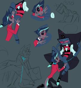 shmoki blue_skin bow_tie chain_leash chains cunnilingus cuntboy cuntboy/male dominant_bottom dominant_intersex english_text ethan_(hazbin_hotel) fish_humanoid fish_tail glasses grey_skin hazbin_hotel intersex male male/male object_head pussy pussy_eating red_eyes service_top sock_garters suit top_hat tv_head vox's_assistant_(hazbin_hotel) vox_(hazbin_hotel)